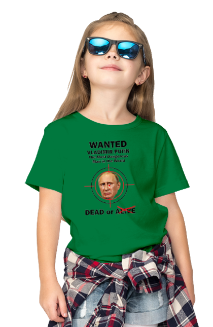 Футболка дитяча з принтом "Розшук Гаага". Путин, розшук гаага, розшук путин, хуйло. ART принт на футболках