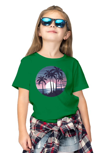Футболка дитяча з принтом "Пальмовий пляж  На заході сонця". Море, пальма, пальми, пальмовий пляж, пляж. CustomPrint.market