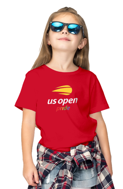 Children's t-shirt with prints US Open pride tennis tournament. American championship, ball, hard, new york, open championship, players, prize fund, racket, sponsor, tennis. 2070702