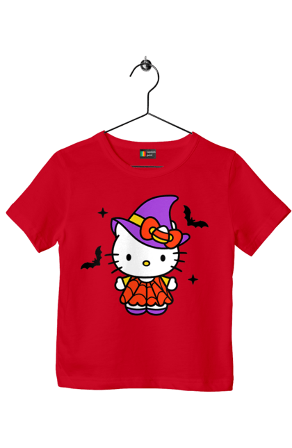 Футболка детская с принтом Хелло Китти Хэллоуин. Halloween, hello kitty, witch, бренд, ведьма, кот, котенок, персонаж, хелло китти, хэллоуин. 2070702