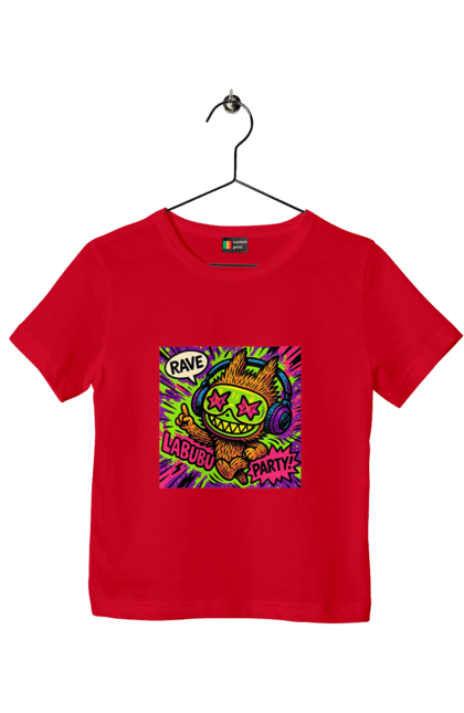 Футболка дитяча з принтом "Лабубу". Вечірка, вуличне мистецтво, графіті, зоряніочі, коміксстиль, лабубу, навушники, неон, попарт, рейв. 2070702