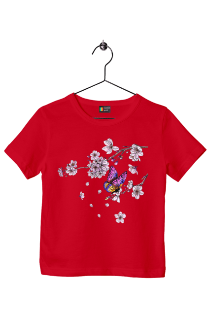 Children's t-shirt with prints Butterfly And Sakura. Butterfly, sakura, spring, wood. 2070702
