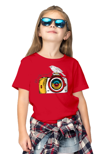 Футболка дитяча з принтом "Фотоапарат І Пташка". Камера, пташка, фотоапарат, фотограф. 2070702