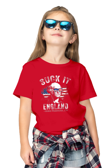 Children's t-shirt with prints Suck It, England. American spirit, england, george washington, independence, meme, patriotism, sarcasm, usa. 2070702