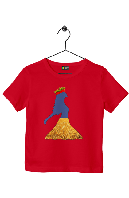 Футболка дитяча з принтом "Україна". Вінок, дівчина, дівчинка, жовтий синій, жовто-блакитне, маки, національні кольори, небо, пшеничне поле. 2070702