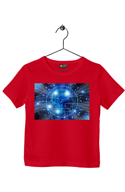 Футболка дитяча з принтом "Штучний інтелект". Айті, айтішник, гік, знання, інженер, інтелект, кібер, кібернетика, кіборг, код, комп, комп`ютерник, кристал, машинне навчання, мікросхема, мозок, портрет, програміст, професіонал, професія, розробник, розум, хакер, чіп, штучний інтелект, штучний розум. 2070702