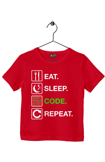 Футболка дитяча з принтом "Їж Cпи Кодуй Повторюй". Айті, айтішник, для айтішника, для програміста, їж спи, кодуй повторюй, подарунок айтішнику, подарунок програмісту, програміст, розробник. 2070702