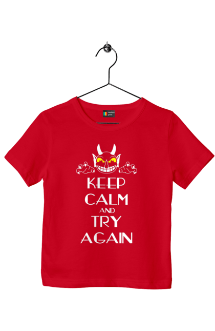 Футболка детская с принтом Сохраняй спокойствие и пробуй еще раз. Keep calm, try again, демон, сатана, сохраняй спокойствие, спокойствие, черт. 2070702