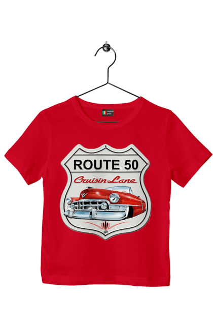Children's t-shirt with prints Route 50. Bike, biker, biker club, bikers club, brother, brutal, dude, hot asphalt, hot horse, hot rod, motorcycle, motorcyclist, real man, road 50, road 66, road 80, roads of america, roads of ukraine, roads we choose, speed, take, thirst for speed. 2070702