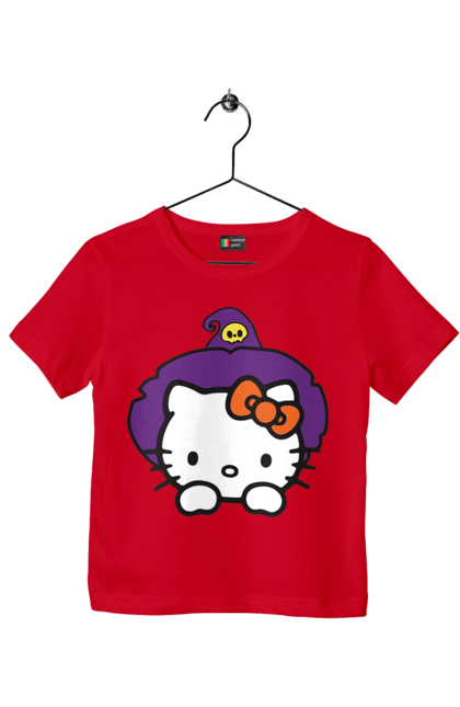 Футболка детская с принтом Хелло Китти Хэллоуин. Halloween, hello kitty, witch, бренд, ведьма, кот, котенок, персонаж, хелло китти, хэллоуин. 2070702