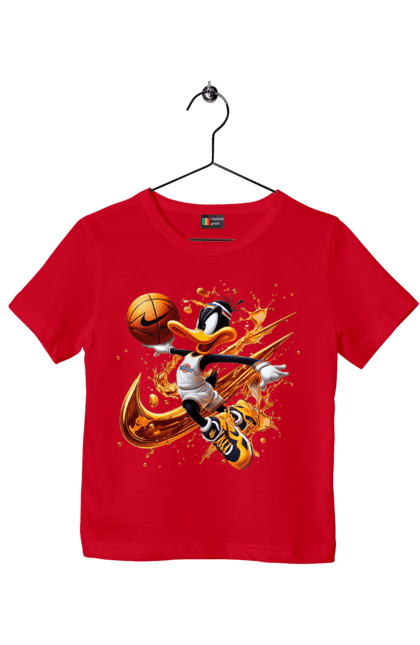 Children's t-shirt with prints Daffy Duck Nike. Cartoon, character, daffy duck, duck, looney tunes, merrie melodies, nike, warner brothers. 2070702