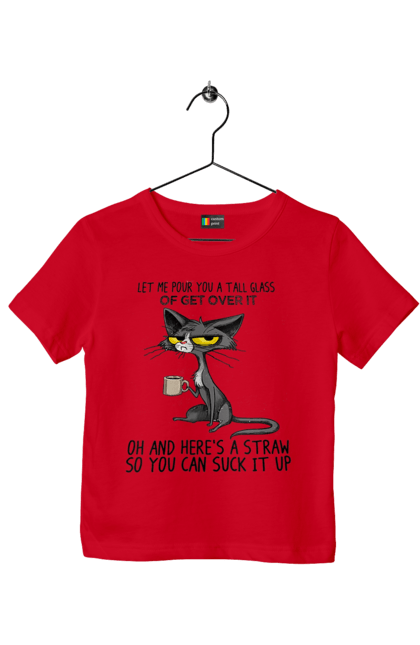 Children's t-shirt with prints How to survive it?. Cat and mug, drink, everything is fine, go fuck yourself, large glass, meditation, pour, suck. 2070702