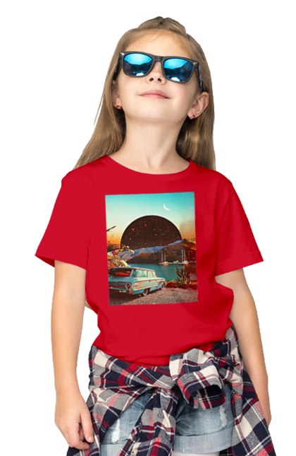 Футболка дитяча з принтом "Картина, машина біля річки". Картина, машина, планета, прикол, ретро, річка. 2070702