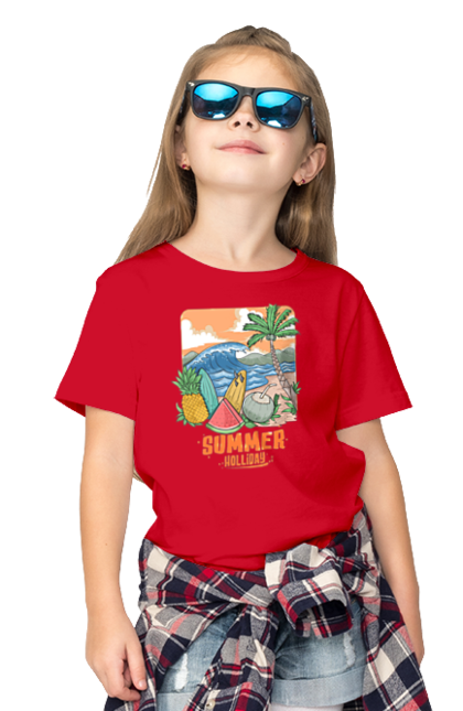 Children's t-shirt with prints Summer Holidays. Palm, sea, summer, waves. 2070702