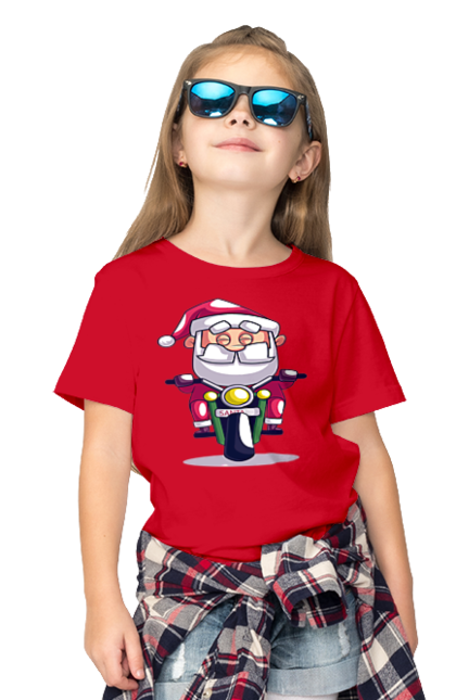 Футболка дитяча з принтом "Щасливий Санта на мотоциклі". 2022, дід мороз, зима, мотоцикл, новий рік, різдво, санта, сніг. 2070702