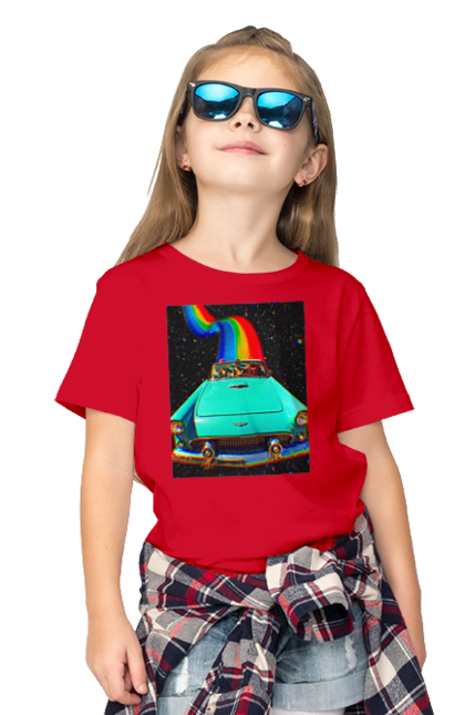 Футболка дитяча з принтом "Картина, машина у космосі". Веселка, картина, космос, машина, подорожі, поїздка, прикол, ретро. 2070702