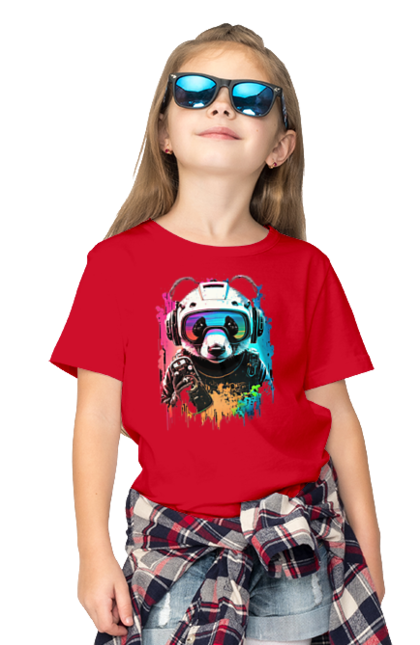Children's t-shirt with prints Panda in VR Helmet. Character, geek, helmet, panda, virtual reality. 2070702