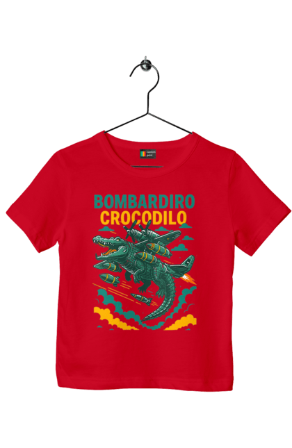 Футболка дитяча з принтом "Bombardino Crocodilo". Bombardino, bombardino crocodilo, crocodilo, бомбардіно крокоділо, крокодил, крокодил літак, крокодил мем, мем, мем бомбардине крокодило. 2070702