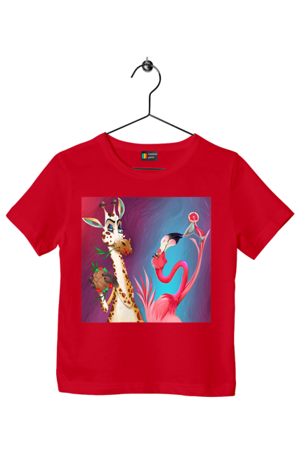 Children's t-shirt with prints Giraffe And Flamingo At The Party. Cocktail, flamingo, food, giraffe. 2070702
