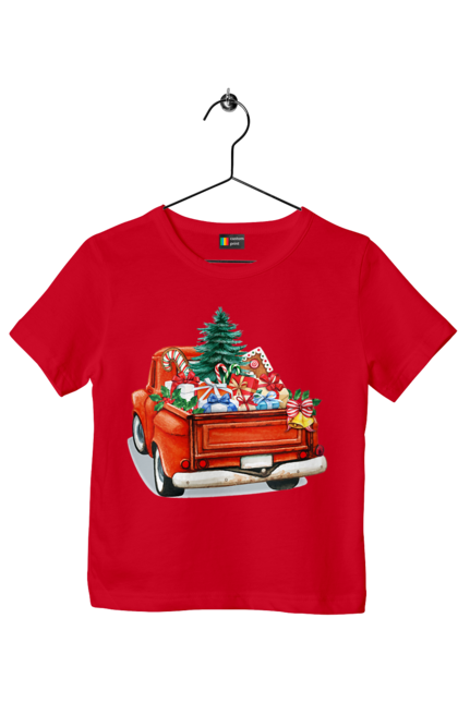 Children's t-shirt with prints Car with gifts. Car, christmas, new year, presents, santa, tree. 2070702