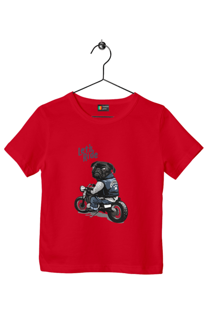 Футболка дитяча з принтом "Мопс на мотоциклі". Байкер, мопс, мотоцикл, собака, тварини. 2070702