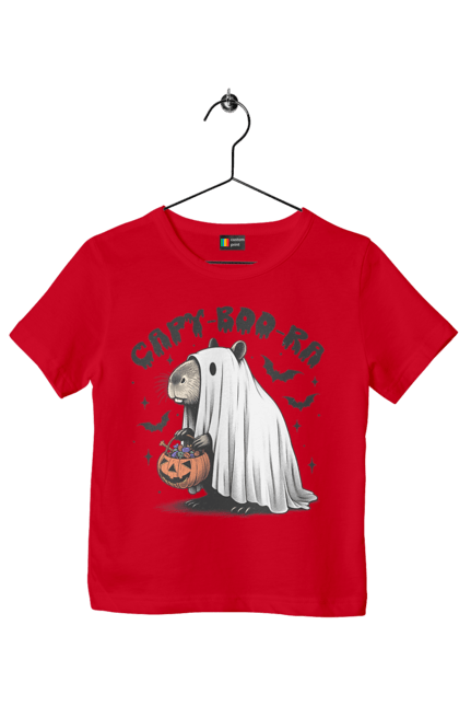 Футболка детская с принтом Капибара Хэллоуин. Capybara, halloween, водосвинка, грызун, животное, капибара, праздник, привидение, тыква, хэллоуин. 2070702