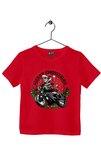 Футболка дитяча з принтом "Щасливого Різдва, дід мороз на мотоциклі". 2022, дід мороз, зима, мотоцикл, новий рік, подарунки, різдво, санта, сніг. 2070702