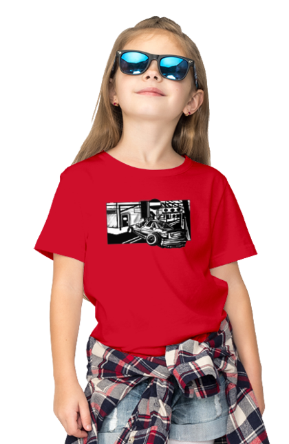 Футболка детская с принтом Опасный Автомобиль на дорогах улиц. Автомобиль, быстрый, гонки, машина, опасный, черно-белый. 2070702