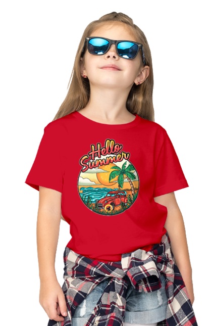 Children's t-shirt with prints Hello Summer, Car By The Sea. Beach, island, palm, summer. 2070702