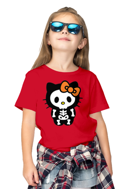 Футболка дитяча з принтом "Хелло Кітті Хелловін". Halloween, hello kitty, zombie, бренд, зомбі, кошеня, персонаж, скелет, хелло кітті, хелловін. 2070702