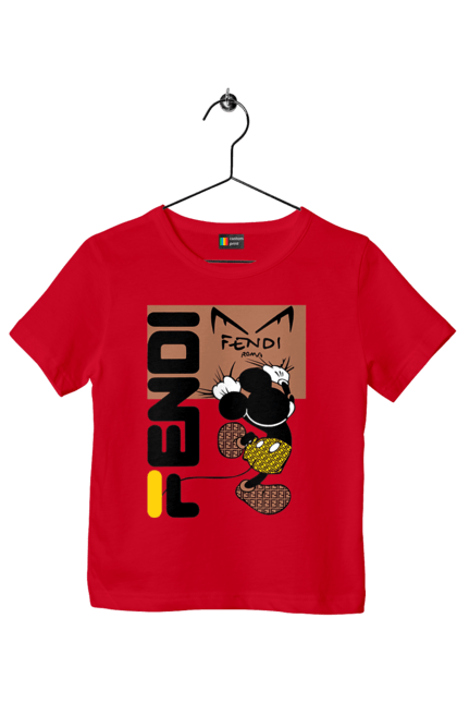 Футболка детская с принтом Fendi Микки Маус. Fendi, mickey mouse, бренд, дом моды, италия, люкс, микки маус, мода, сумка, фенди. 2070702