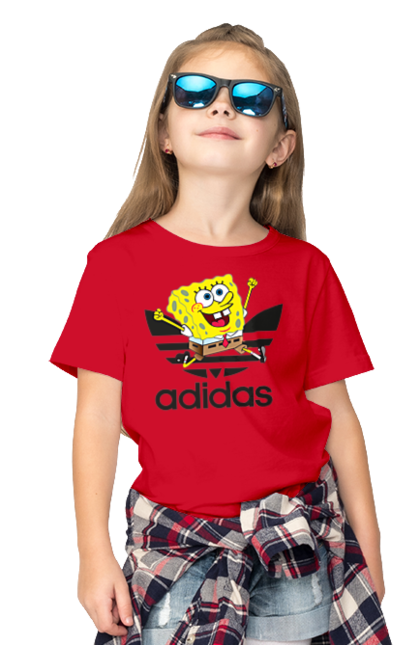 Футболка детская с принтом Adidas Губка Боб. Adidas, spongebob, адидас, баскетбол, губка боб, мультик, мультсериал, мяч, спанч боб, спорт. 2070702