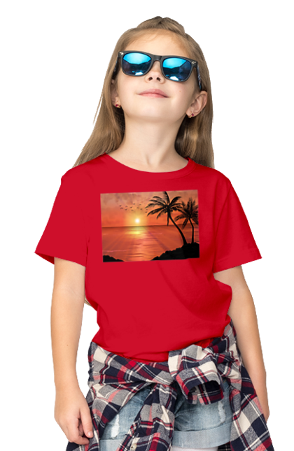 Children's t-shirt with prints West Palm Sea. Palm trees, sea, shore. 2070702