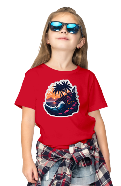 Футболка дитяча з принтом "Дивовижна пальма біля моря на закаті сонця". Закат сонця, море, пальма. CustomPrint.market