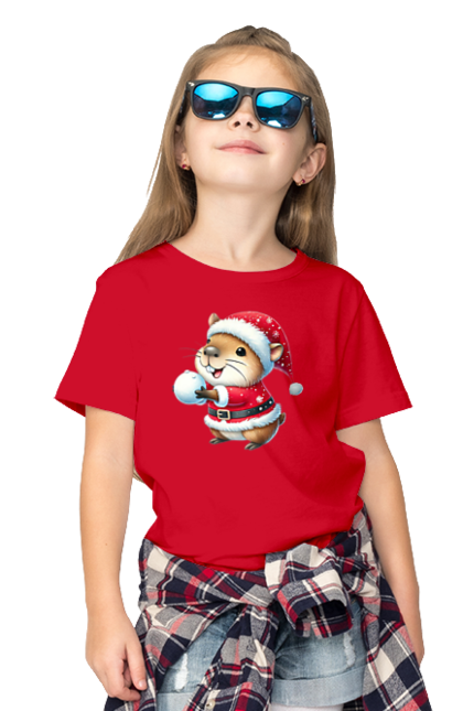 Children's t-shirt with prints Capybara playing snowballs. Animal, capybara, christmas, christmas capybara, game, gift, holiday, new year, santa, snowballs. 2070702