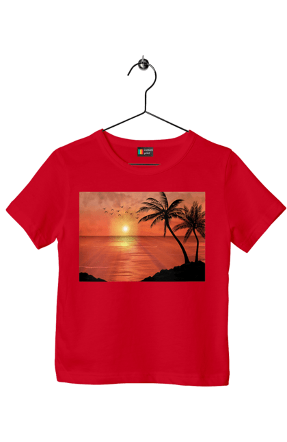 Children's t-shirt with prints West Palm Sea. Palm trees, sea, shore. 2070702