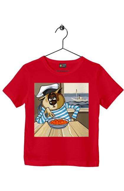 Children's t-shirt with prints Cat Sailor, On The Ship Eats Red Caviar. Cat, caviar, sailor, ship. 2070702