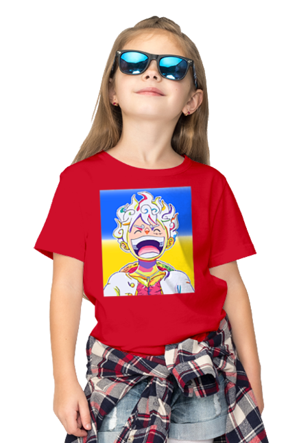 Футболка дитяча з принтом "Монкі д Луффі сміється на жовто блактному фоні". Ван піс, луффі, монкі д. луффі, прапор україни, символ україни, україна. 2070702