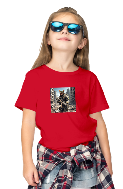 Футболка дитяча з принтом "Кіт десантник". Бронежилет, війна, військовий, гвинтівка, захисник, камуфляж, кіт, рушниця. 2070702