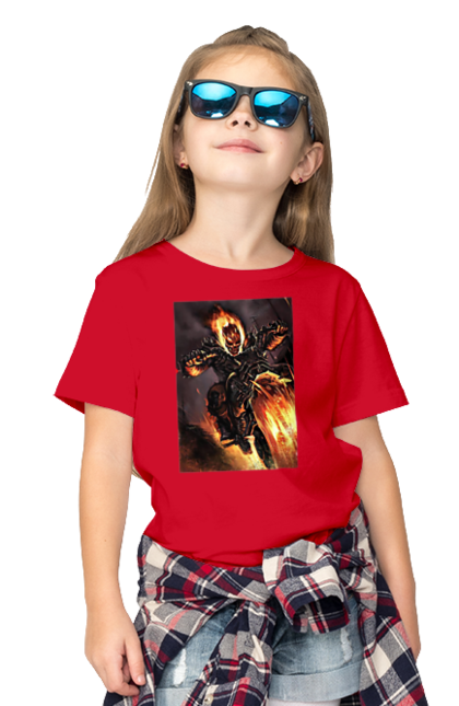 Футболка дитяча з принтом "Пекельний Гонщик". Вогонь, мотоцикл, пекельний гонщик, скелет, чоппер. 2070702