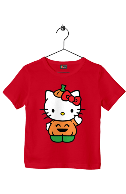 Футболка детская с принтом Хелло Китти Хэллоуин. Halloween, hello kitty, бренд, котенок, персонаж, тыква, хелло китти, хэллоуин. 2070702