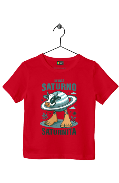 Футболка дитяча з принтом "Lavaca Saturno Saturnita". Брейнрот, італійська гнилизна мозку, італійський брейнрот, італійський мем, італійські меми, корова сатурн, ла вака, ла вака сатурно, лавака сатурно, сатурно сатурніто. 2070702