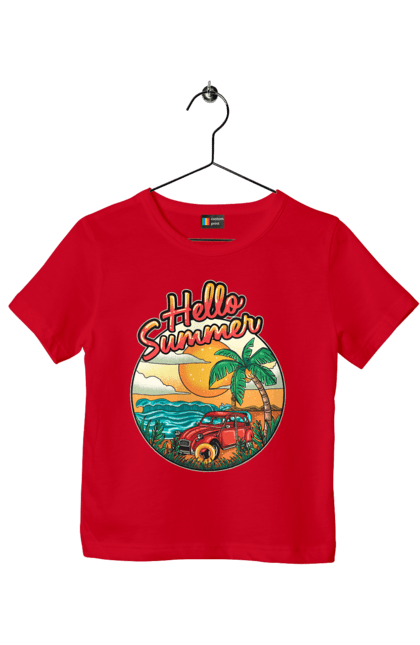 Children's t-shirt with prints Hello Summer, Car By The Sea. Beach, island, palm, summer. 2070702