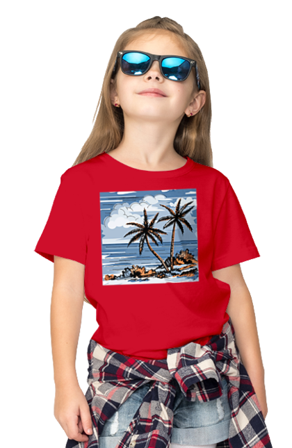 Футболка дитяча з принтом "Пальми І Небо". Море, небо, пальми, хмари. 2070702