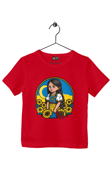 Футболка дитяча з принтом "Мила Українська дівчинка". Блакитний, жовтий, жовто-блакитний, зроблено в україні, патріот, патріоти україни, підтримую україну, прапор україни, україна, українська дівчинка. 2070702