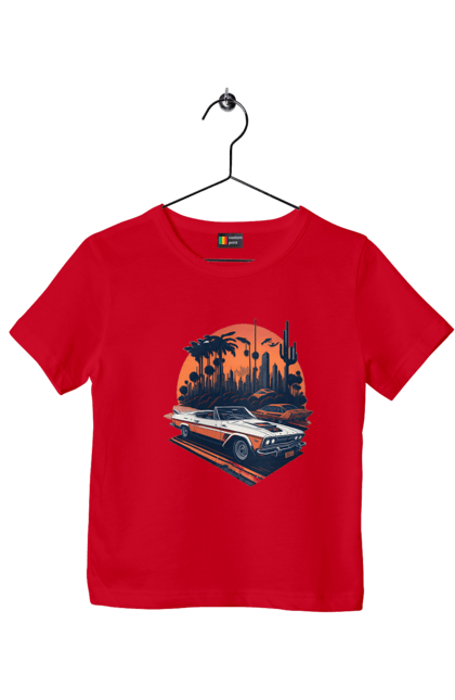 Children's t-shirt with prints Beautiful car at sunset. Auto, sun, sunset. 2070702
