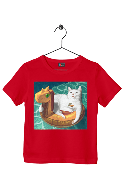 Футболка дитяча з принтом "Білий кіт у плавальному колі, на відпочинку". Басейн, відпочинок, кіт, коктейль, море, плавальний круг. 2070702