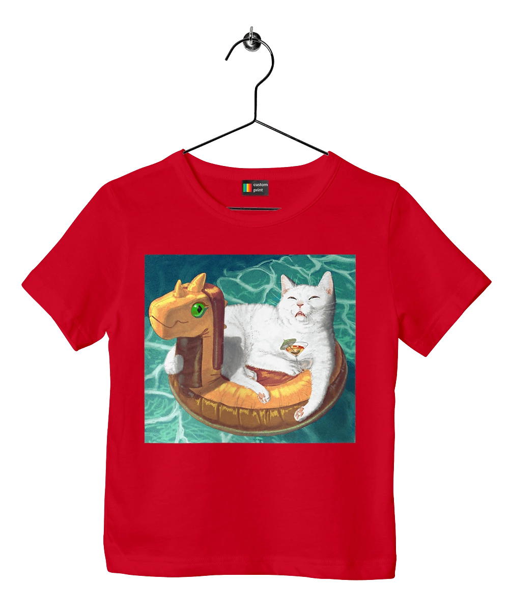 White cat in a swimming circle on vacation