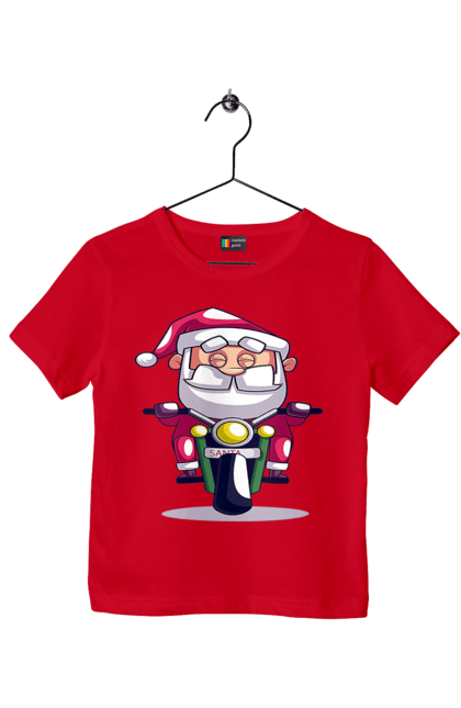 Футболка дитяча з принтом "Щасливий Санта на мотоциклі". 2022, дід мороз, зима, мотоцикл, новий рік, різдво, санта, сніг. 2070702