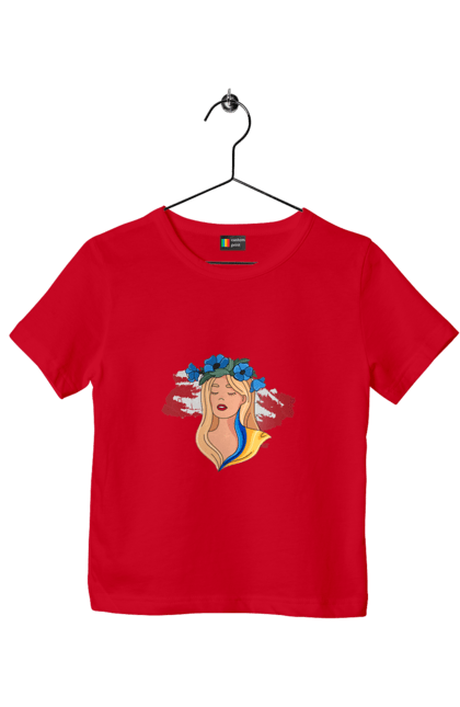 Футболка дитяча з принтом "Дівчина на карті України". Дівчина, дівчина на карті, жовтий, карта україни, квіти, прапор, синій, україна, червоний. 2070702